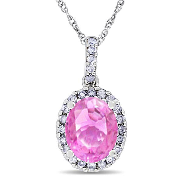 Lab Pink Sapphire & Halo Diamond Pendant Necklace 14k White Gold 2.44ct