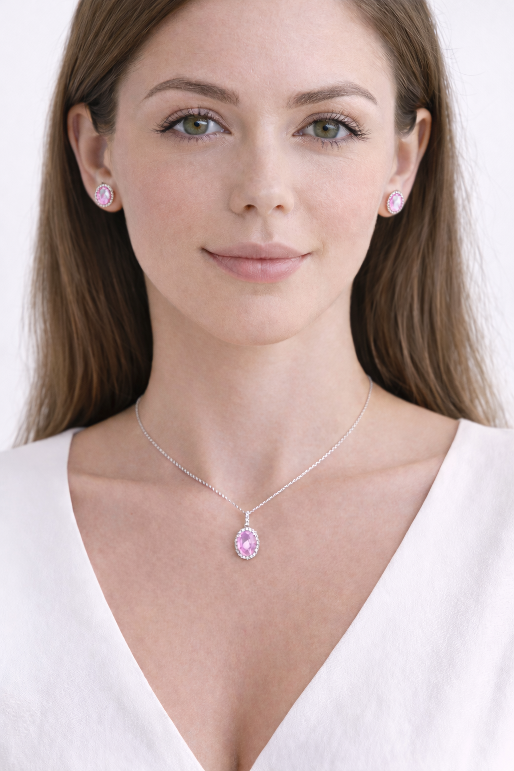 Pink Sapphire & Halo Diamond Pendant Necklace in 14k White Gold 2.44ct