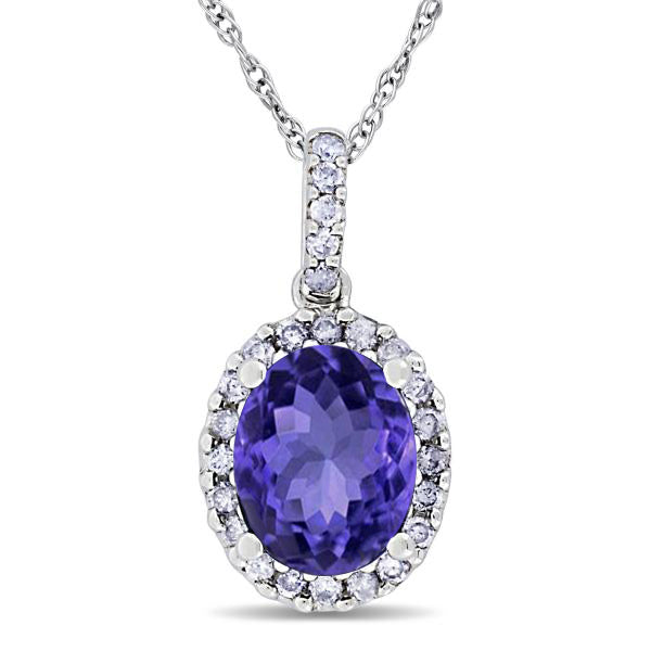 Tanzanite & Halo Diamond Pendant Necklace in 14k White Gold 2.44ct