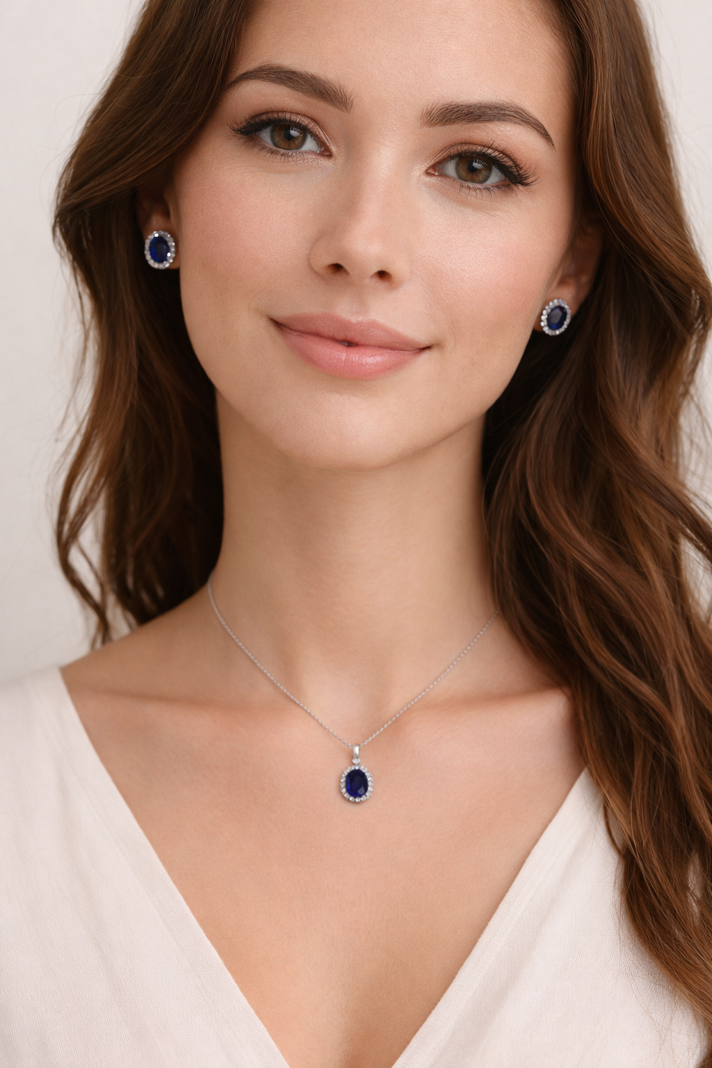 Blue Sapphire & Halo Diamond Pendant Necklace in 14k White Gold 2.90ct