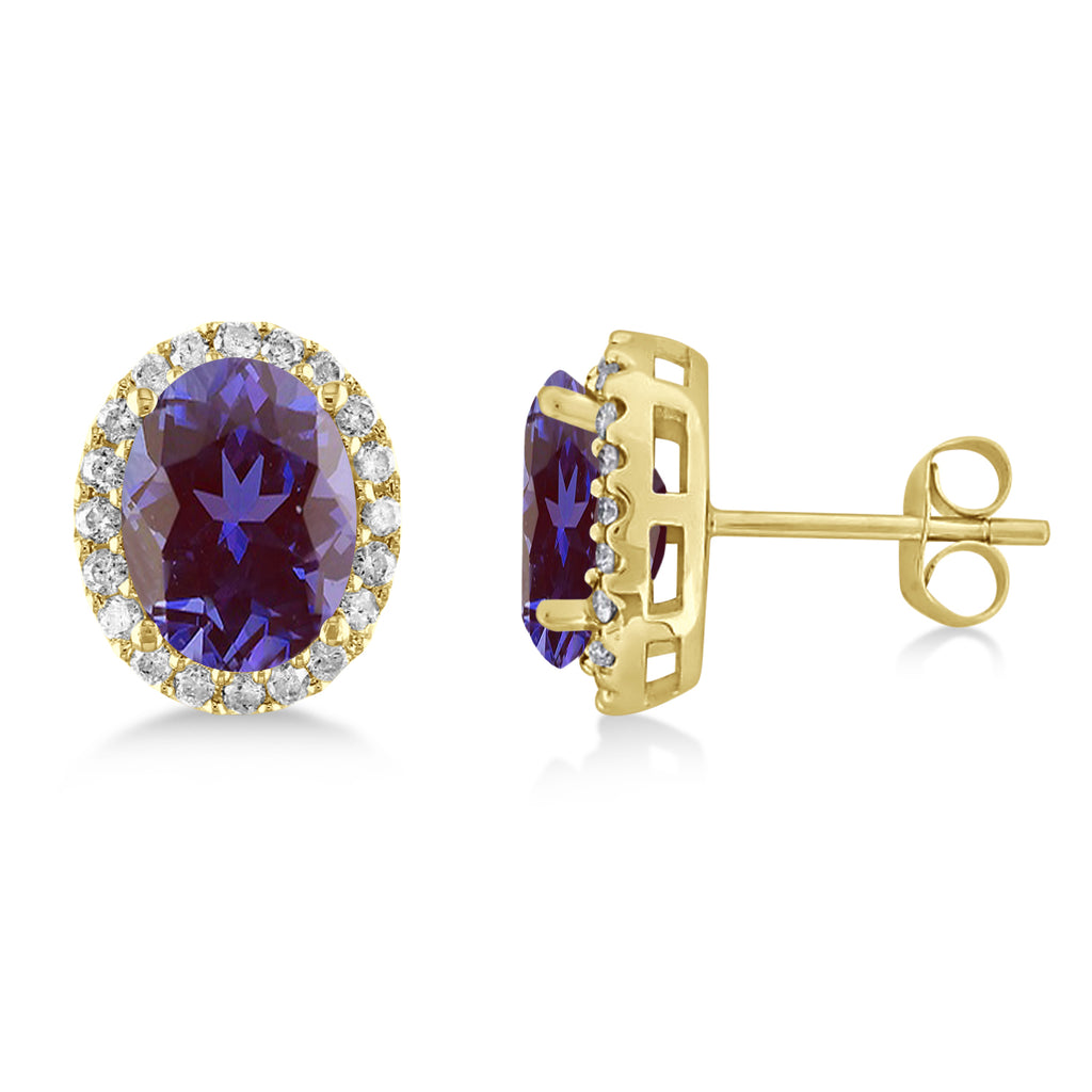 Oval Lab Alexandrite & Halo Diamond Stud Earrings 14k Yellow Gold 3.92ct