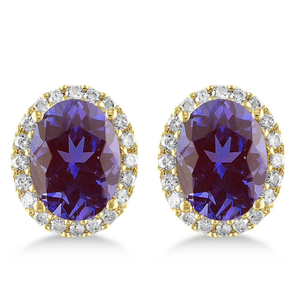 Oval Lab Alexandrite & Halo Diamond Stud Earrings 14k Yellow Gold 3.92ct