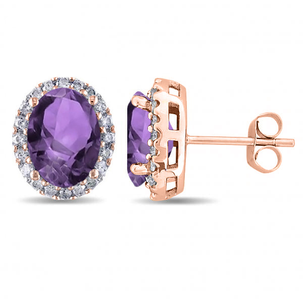 Oval Amethyst & Halo Diamond Stud Earrings 14k Rose Gold 3.92ct