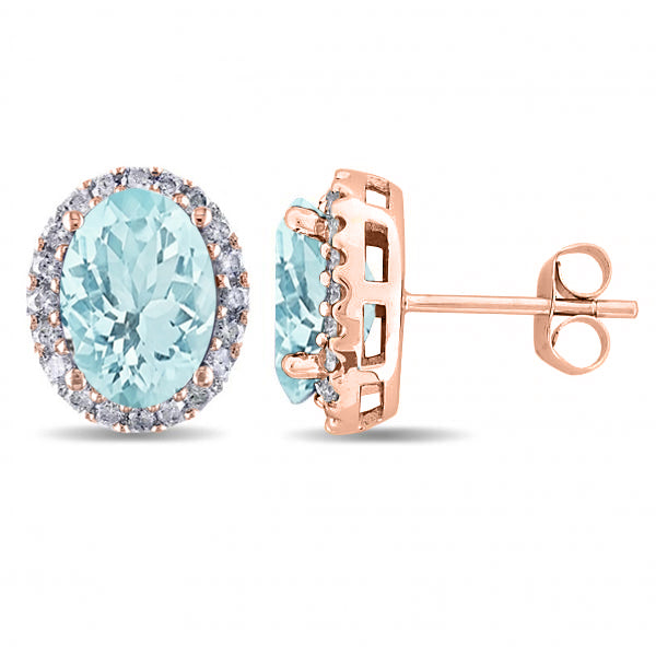 Oval Lab Aquamarine & Halo Lab Diamond Stud Earrings 14k Rose Gold 3.92ct