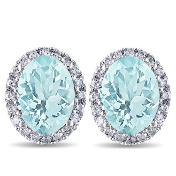 Oval Lab Aquamarine & Halo Lab Diamond Stud Earrings 14k White Gold 3.92ct