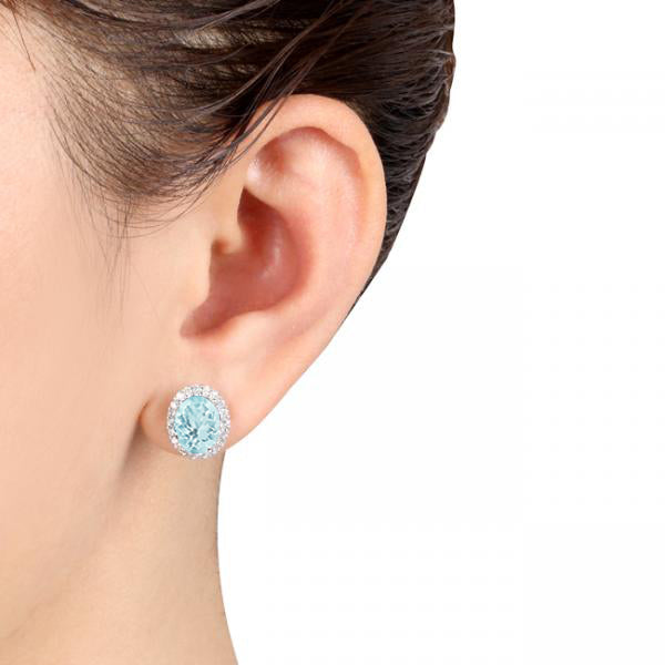 Oval Lab Aquamarine & Halo Lab Diamond Stud Earrings 14k White Gold 3.92ct