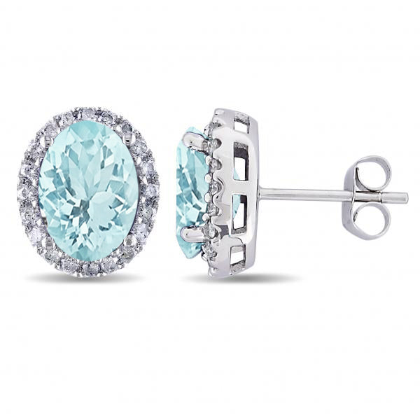 Oval Aquamarine & Halo Diamond Stud Earrings 14k White Gold 3.92ct