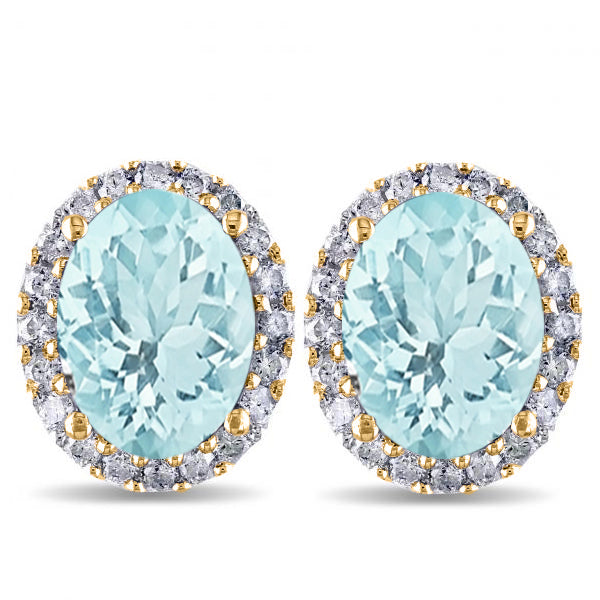 Oval Lab Aquamarine & Halo Lab Diamond Stud Earrings 14k Yellow Gold 3.92ct