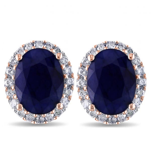 Oval Lab Blue Sapphire & Halo Lab Diamond Stud Earrings 14k Rose Gold 5.70ct