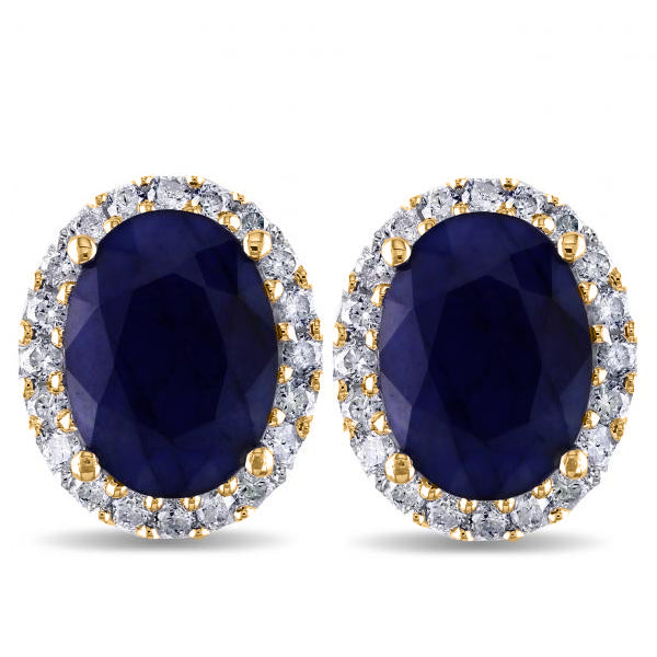 Oval Lab Blue Sapphire & Halo Lab Diamond Stud Earrings 14k Yellow Gold 5.70ct