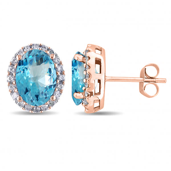 Oval Lab Blue Topaz & Halo Lab Diamond Stud Earrings 14k Rose Gold 5.40ct