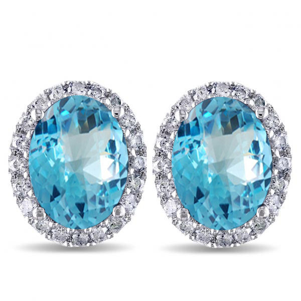 Oval Lab Blue Topaz & Halo Lab Diamond Stud Earrings 14k White Gold 5.40ct