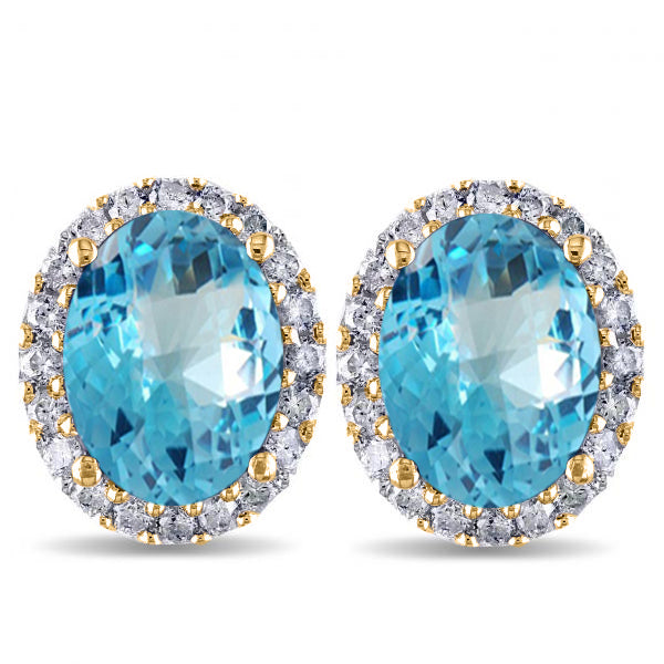 Oval Lab Blue Topaz & Halo Lab Diamond Stud Earrings 14k Yellow Gold 5.40ct