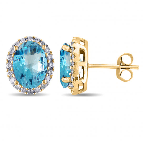 Oval Blue Topaz & Halo Diamond Stud Earrings 14k Yellow Gold 5.40ct