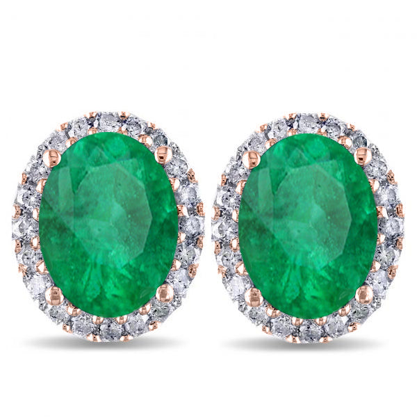 Oval Emerald & Halo Diamond Stud Earrings 14k Rose Gold 4.20ct