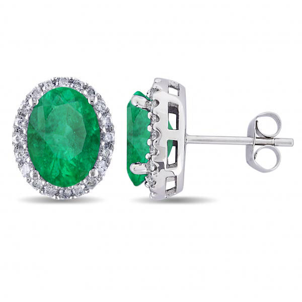 Oval Lab Emerald & Halo Lab Diamond Stud Earrings 14k White Gold 4.20ct