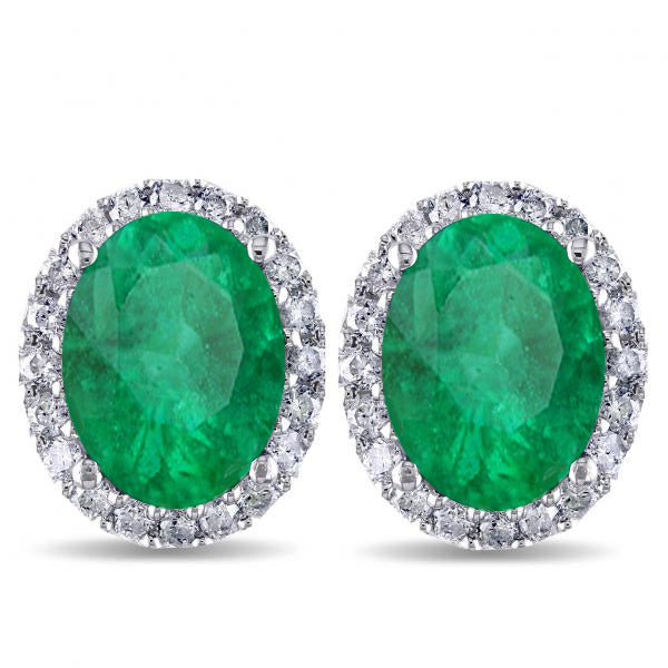 Oval Lab Emerald & Halo Lab Diamond Stud Earrings 14k White Gold 4.20ct