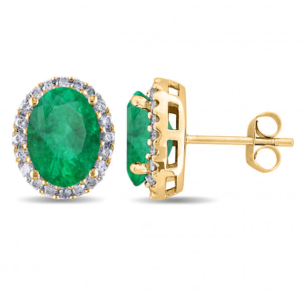 Oval Lab Emerald & Halo Lab Diamond Stud Earrings 14k Yellow Gold 4.20ct