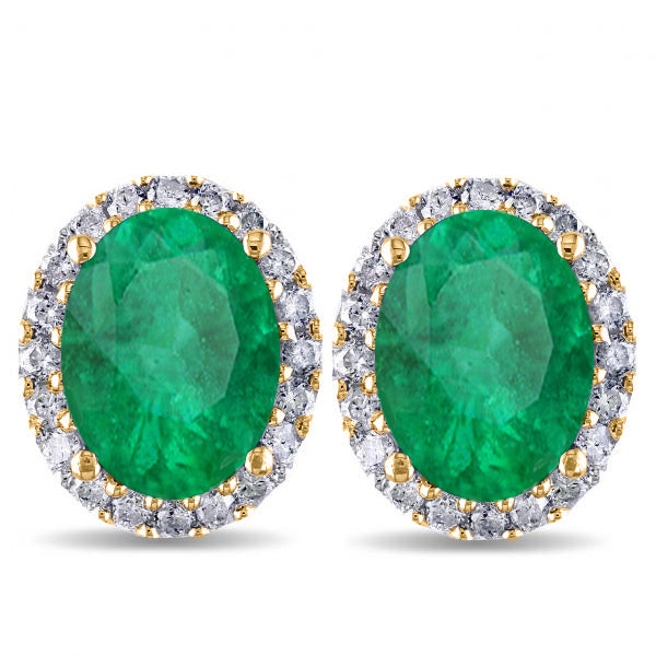Oval Emerald & Halo Diamond Stud Earrings 14k Yellow Gold 4.20ct