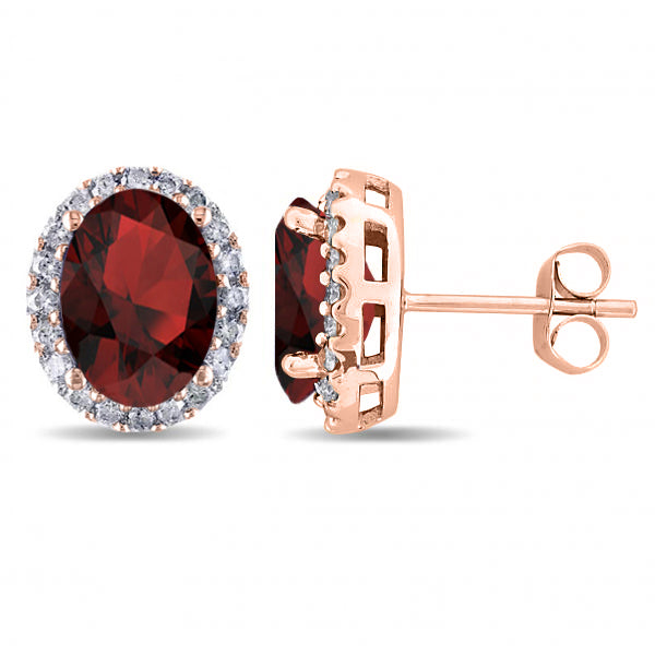 Oval Lab Garnet & Halo Lab Diamond Stud Earrings 14k Rose Gold 4.60ct