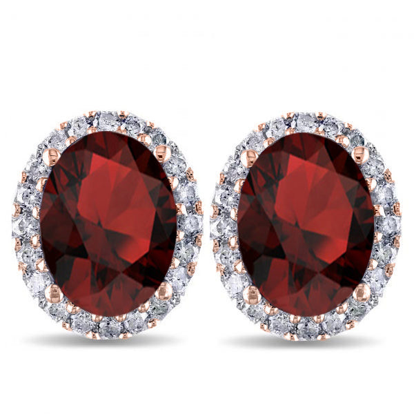 Oval Lab Garnet & Halo Lab Diamond Stud Earrings 14k Rose Gold 4.60ct