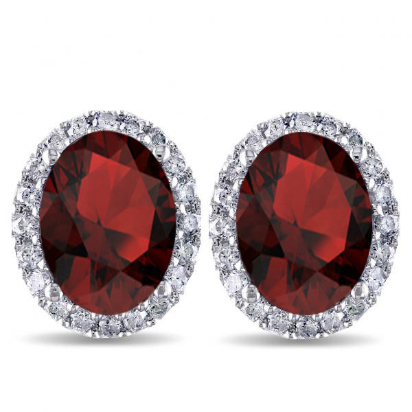 Oval Lab Garnet & Halo Lab Diamond Stud Earrings 14k White Gold 4.60ct