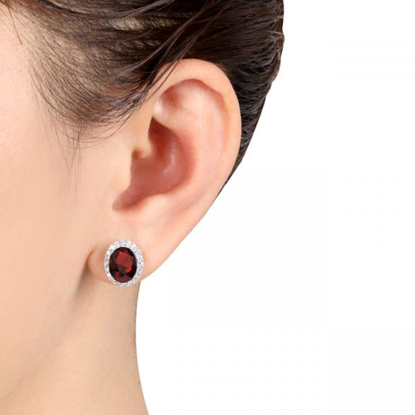 Oval Lab Garnet & Halo Lab Diamond Stud Earrings 14k White Gold 4.60ct
