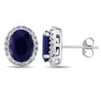 Oval Lab Blue Sapphire & Halo Lab Diamond Stud Earrings 14k W. Gold (5.70ct)