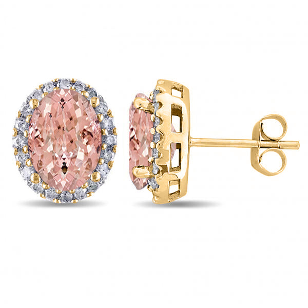 Oval Morganite & Halo Diamond Stud Earrings 14k Yellow Gold 5.60ct