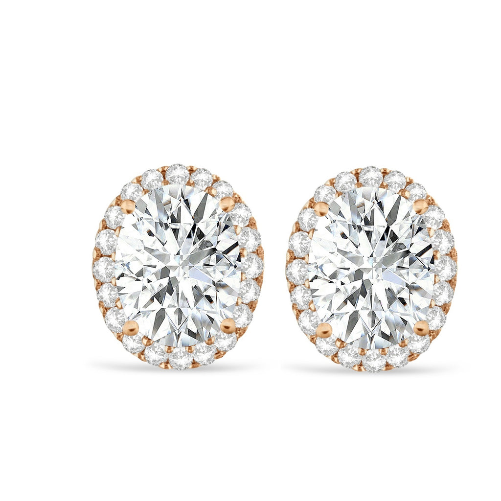 Oval Lab Moissanite & Halo Lab Diamond Stud Earrings 14k Rose Gold 3.82ct