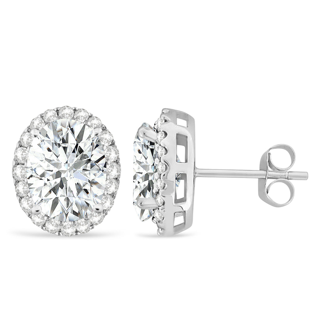 Oval Moissanite & Halo Diamond Stud Earrings 14k White Gold 3.82ct