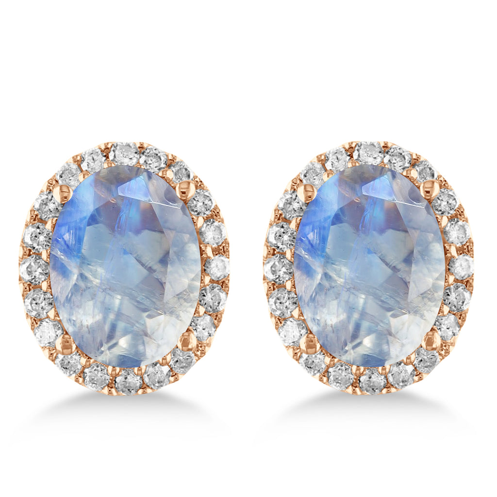 Oval Moonstone & Halo Diamond Stud Earrings 14k Rose Gold 2.40ct