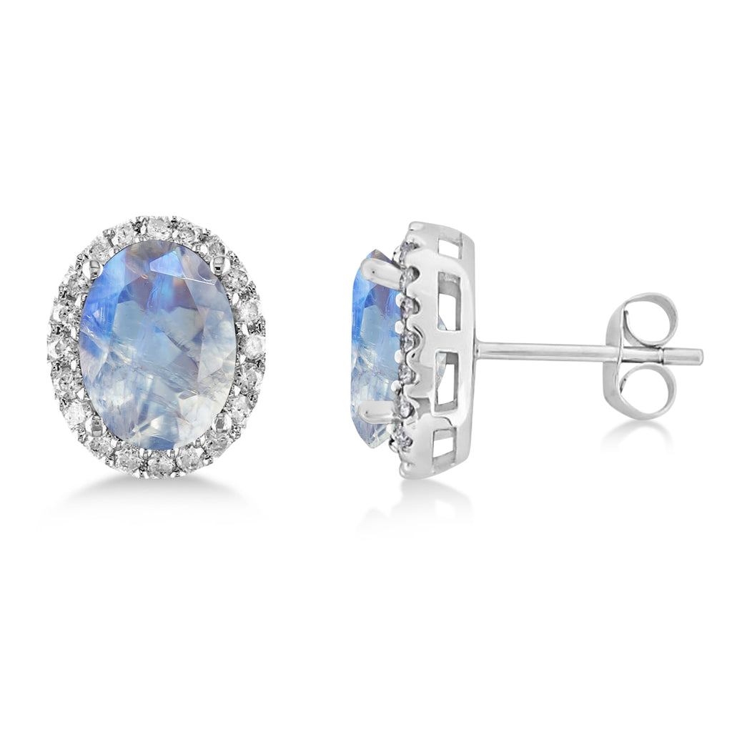 Oval Moonstone & Halo Diamond Stud Earrings 14k White Gold (2.40ct)