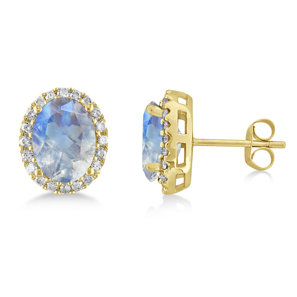 Oval Moonstone & Halo Diamond Stud Earrings 14k Yellow Gold 2.40ct