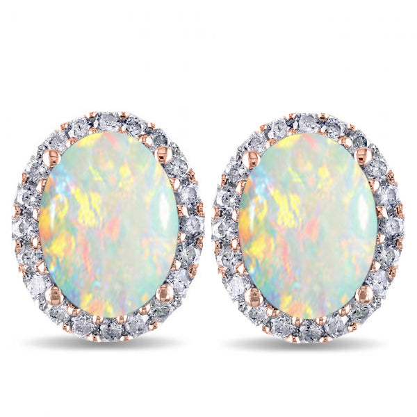 Oval Lab Opal & Halo Lab Diamond Stud Earrings 14k Rose Gold 2.60ct