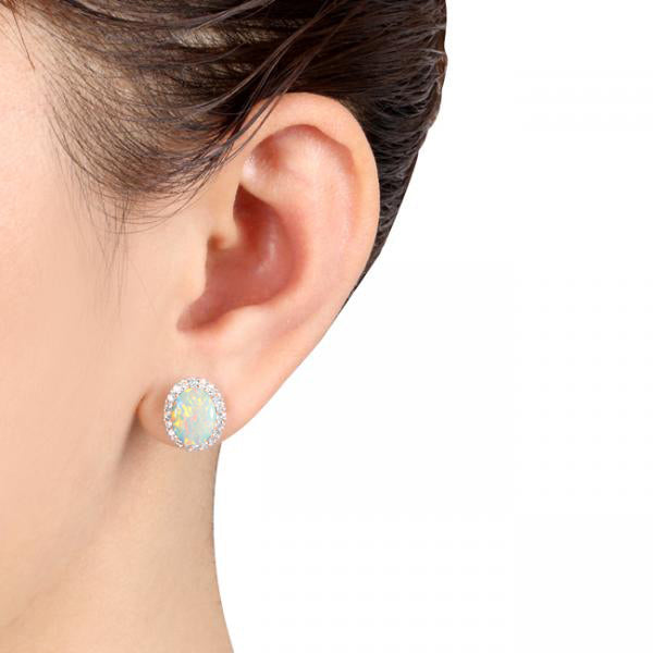Oval Lab Opal & Halo Lab Diamond Stud Earrings 14k Rose Gold 2.60ct