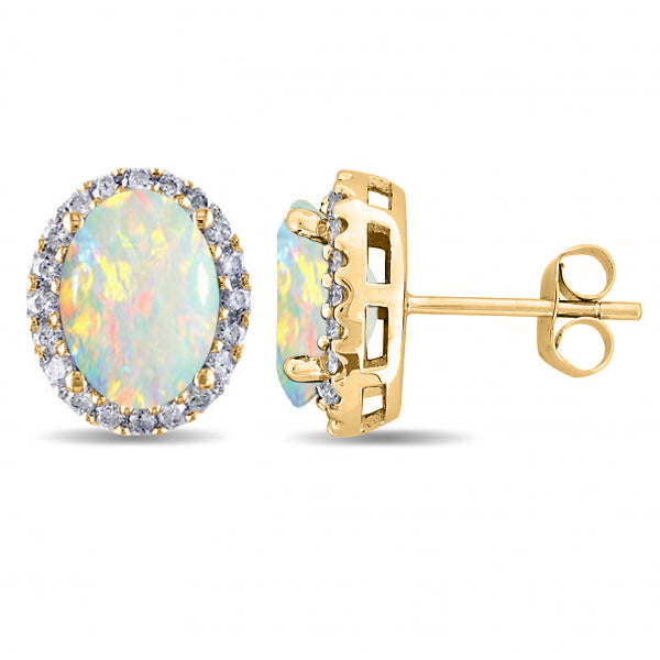 Oval Opal & Halo Diamond Stud Earrings 14k Yellow Gold 2.60ct