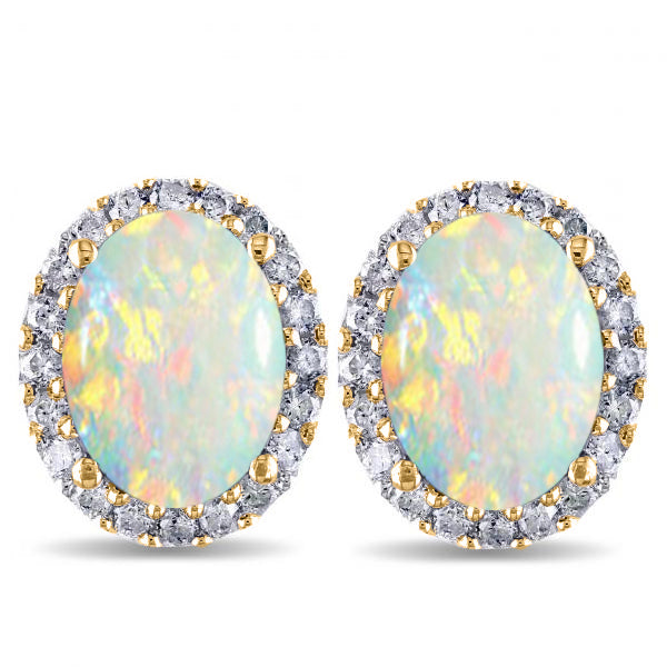 Oval Opal & Halo Diamond Stud Earrings 14k Yellow Gold 2.60ct
