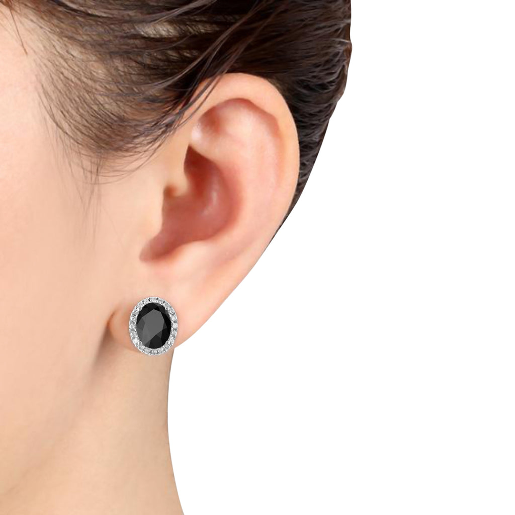 Oval Onyx & Halo Diamond Stud Earrings 14k White Gold (4.20ct)
