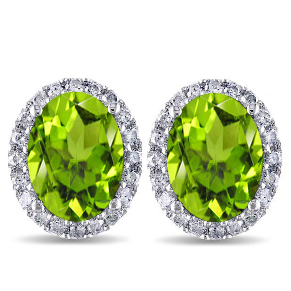Oval Peridot & Halo Diamond Stud Earrings 14k White Gold 4.40ct