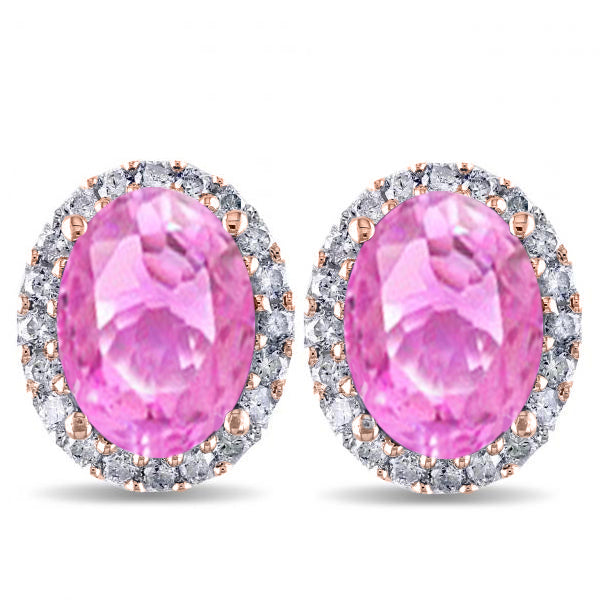 Oval Lab Pink Sapphire & Halo Lab Diamond Stud Earrings 14k Rose Gold 4.80ct