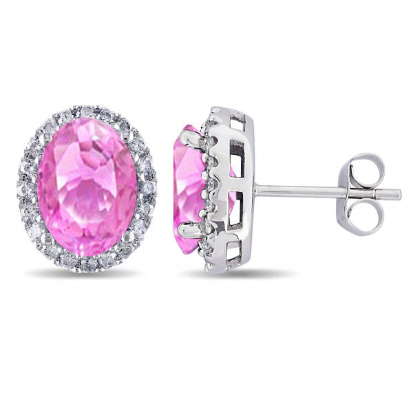 Oval Lab Pink Sapphire & Halo Lab Diamond Stud Earrings 14k White Gold 4.80ct