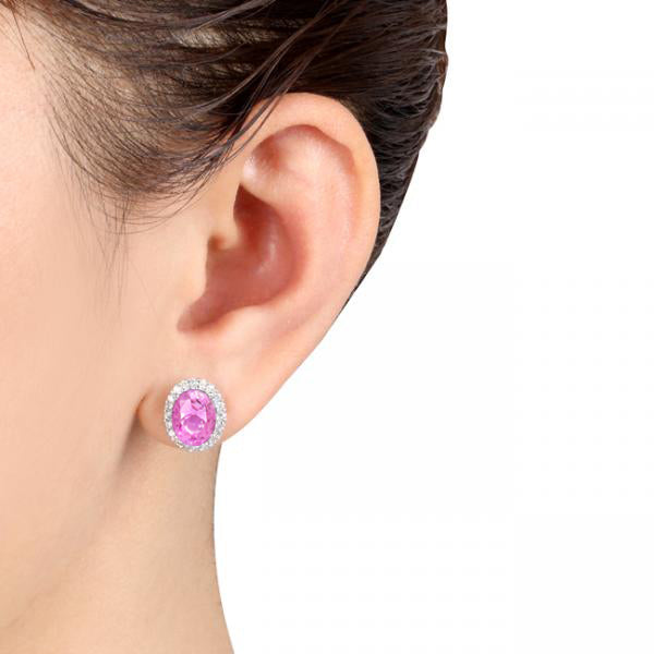 Oval Lab Pink Sapphire & Halo Lab Diamond Stud Earrings 14k White Gold 4.80ct