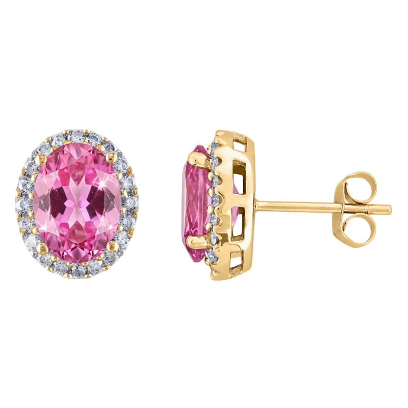 Oval Lab Pink Sapphire & Halo Lab Diamond Stud Earrings 14k Yellow Gold 4.80ct