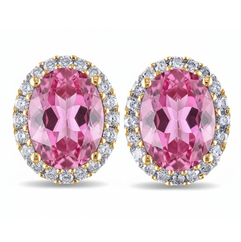 Oval Lab Pink Sapphire & Halo Lab Diamond Stud Earrings 14k Yellow Gold 4.80ct
