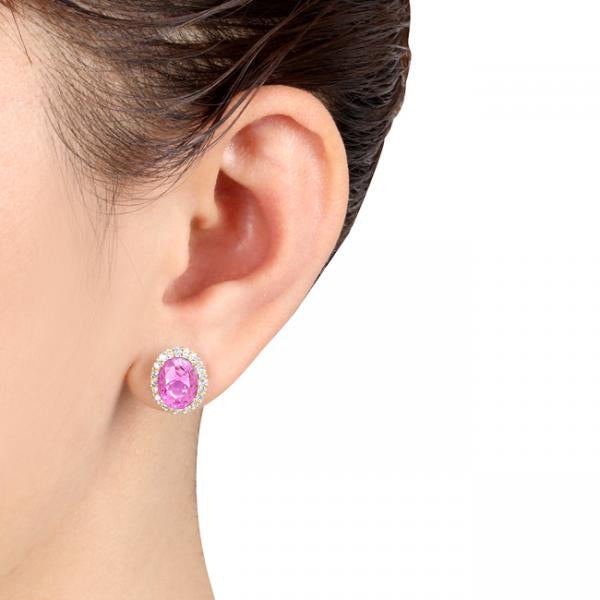 Oval Lab Pink Sapphire & Halo Lab Diamond Stud Earrings 14k Yellow Gold 4.80ct