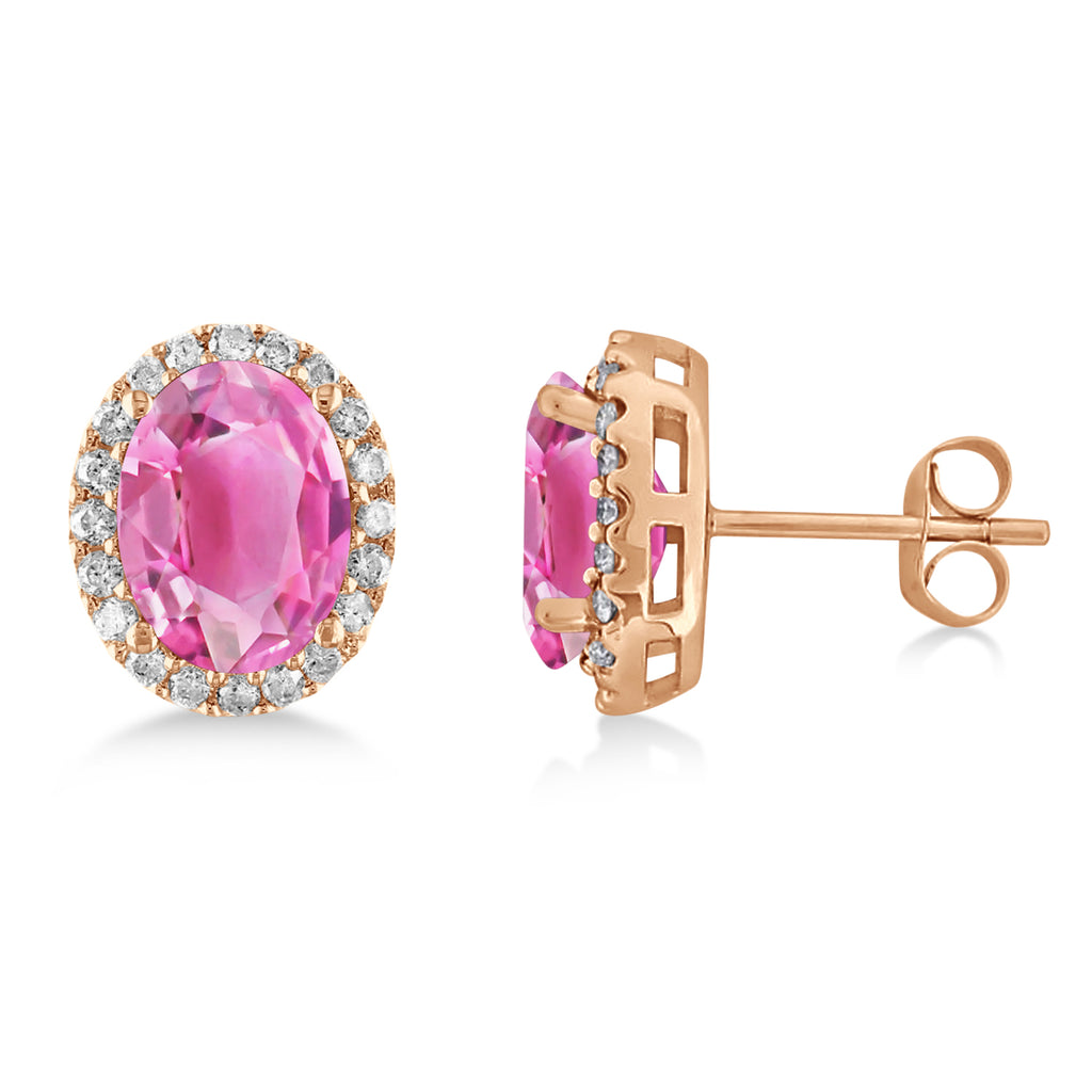 Oval Lab Pink Tourmaline & Halo Lab Diamond Stud Earrings 14k Rose Gold 5.00ct