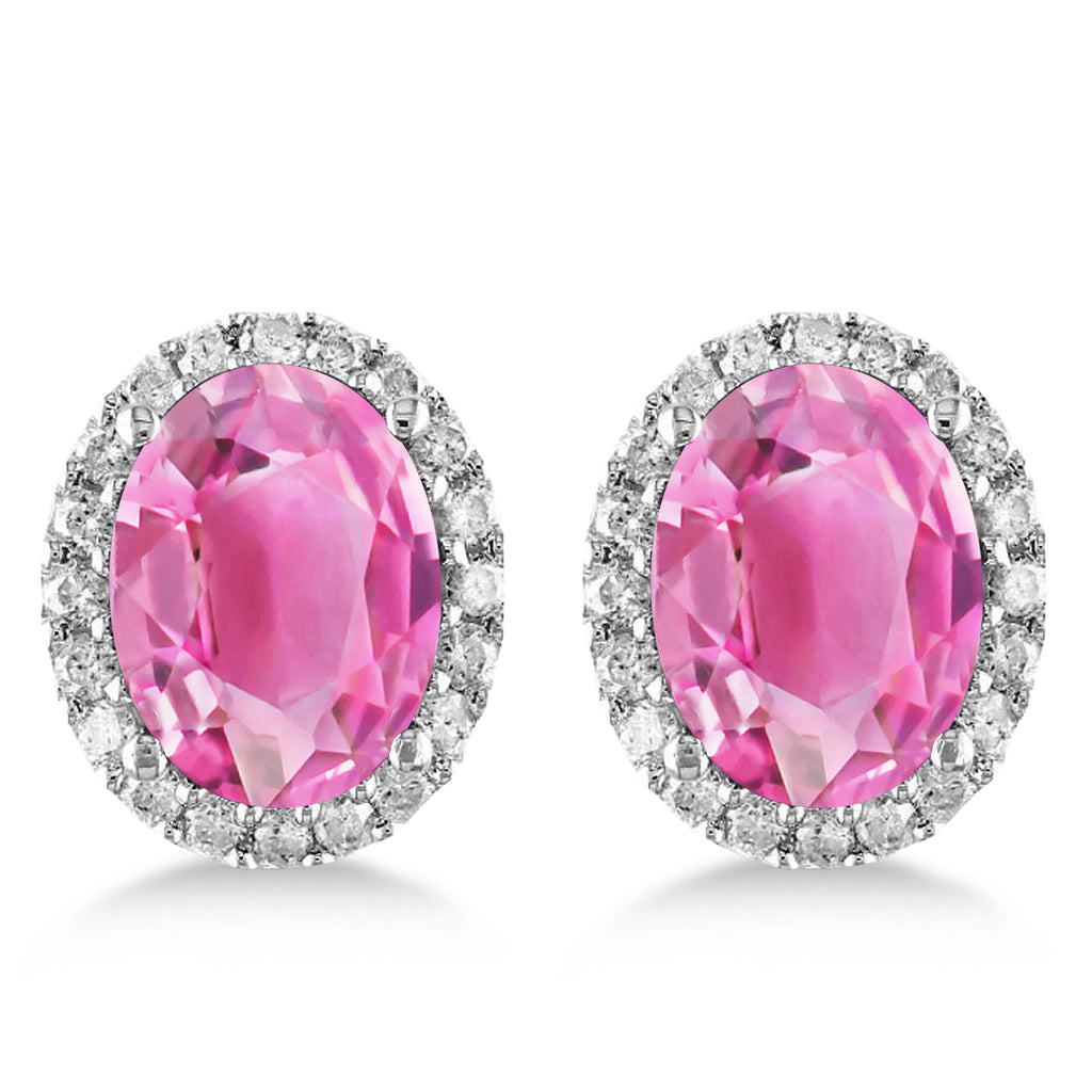 Oval Lab Pink Tourmaline & Halo Lab Diamond Stud Earrings 14k White Gold 5.00ct
