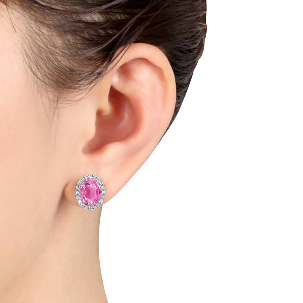Oval Lab Pink Tourmaline & Halo Lab Diamond Stud Earrings 14k White Gold 5.00ct