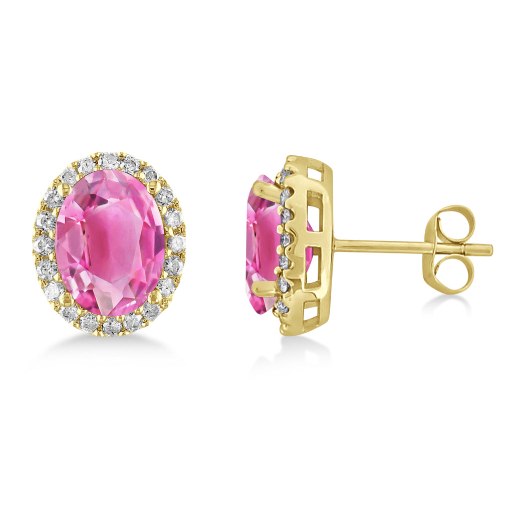 Oval Pink Tourmaline & Halo Diamond Stud Earrings 14k Yellow Gold 5.00ct